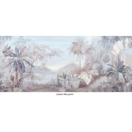 Papier peint panoramique aspect ancien - Paysage jungle dans la brume couleur légère