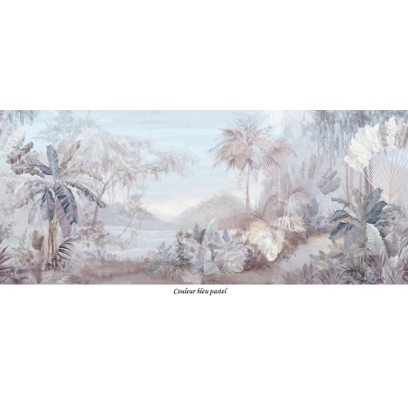 Papier peint panoramique aspect ancien - Paysage jungle dans la brume couleur légère