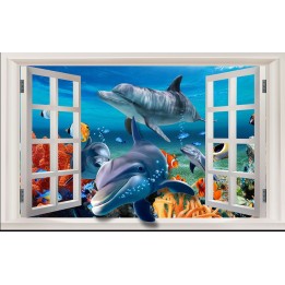 Poster 3D Mer Tropicale Fenêtre Fond Marin Dauphin Poisson