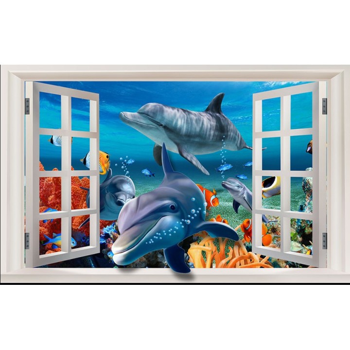 Poster 3D Mer Tropicale Fenêtre Fond Marin Dauphin Poisson