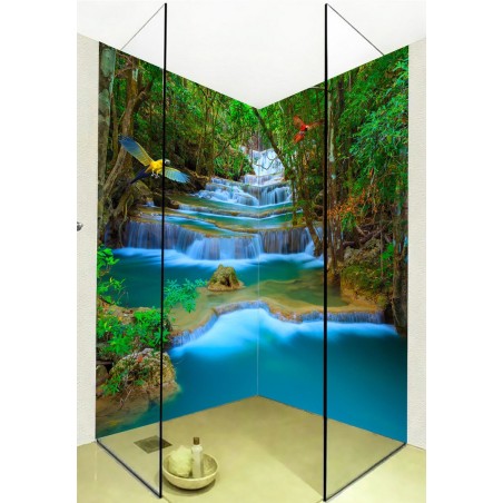 Panneau mural cabine de douche - Perroquets survolent au dessus de chute d'eau