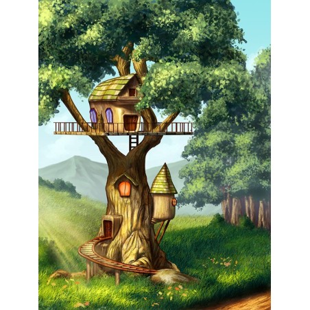 Dessin pour enfant paysage féerique - Cabane dans l'arbre géant