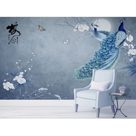Papier peint asaitique zen fleurs et oiseaux - Paons et fleurs de mei sur fond bleu