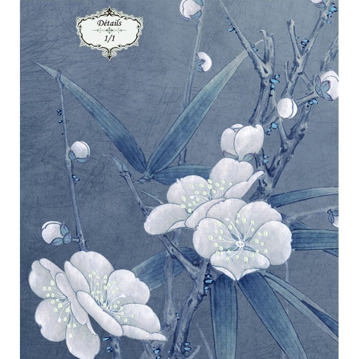 Papier peint asaitique zen fleurs et oiseaux - Paons et fleurs de mei sur fond bleu