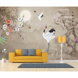 Paysage asiatique fleurs et oiseaux sur fond marron clair - Grue du Japon sur le rocher dans la nuit