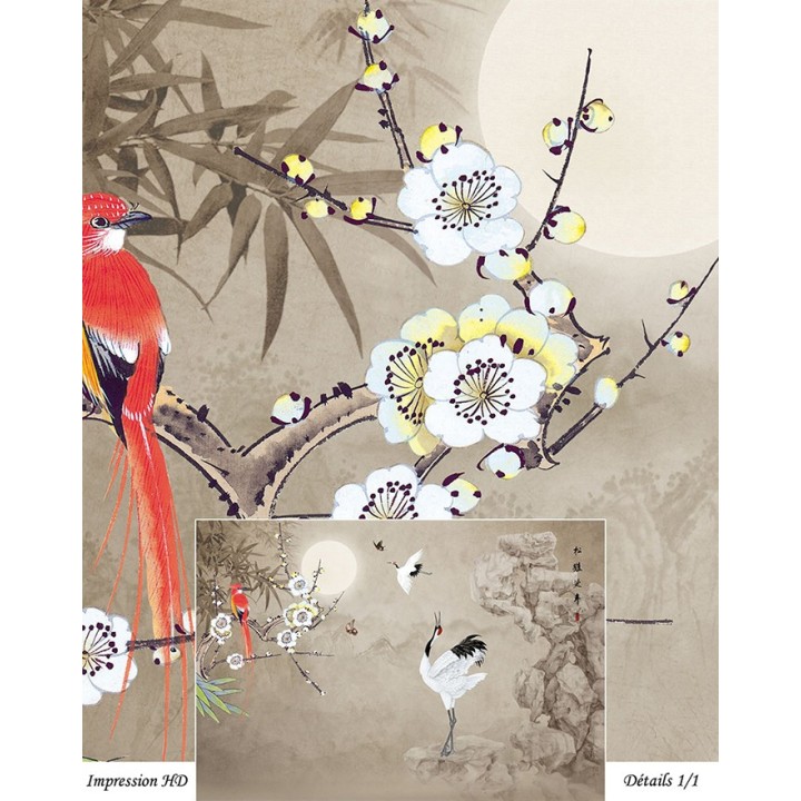 Paysage asiatique fleurs et oiseaux sur fond marron clair - Grue du Japon sur le rocher dans la nuit