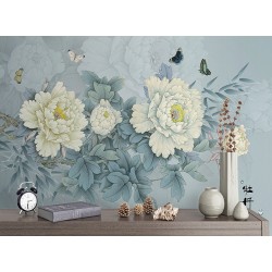 Peinture asiatique fleur zen - Pivoines blanches, bambous et papillons