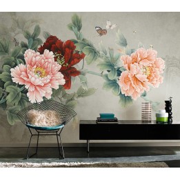 Peinture asiatique ancienne - Paysage zen avec pivoines rouges roses et papillons abeilles