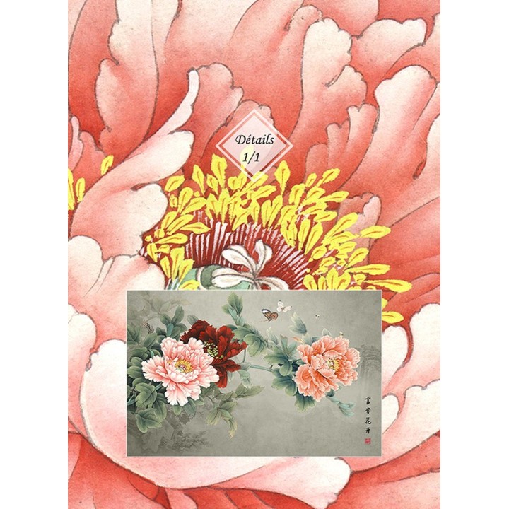 Peinture asiatique ancienne - Paysage zen avec pivoines rouges roses et papillons abeilles