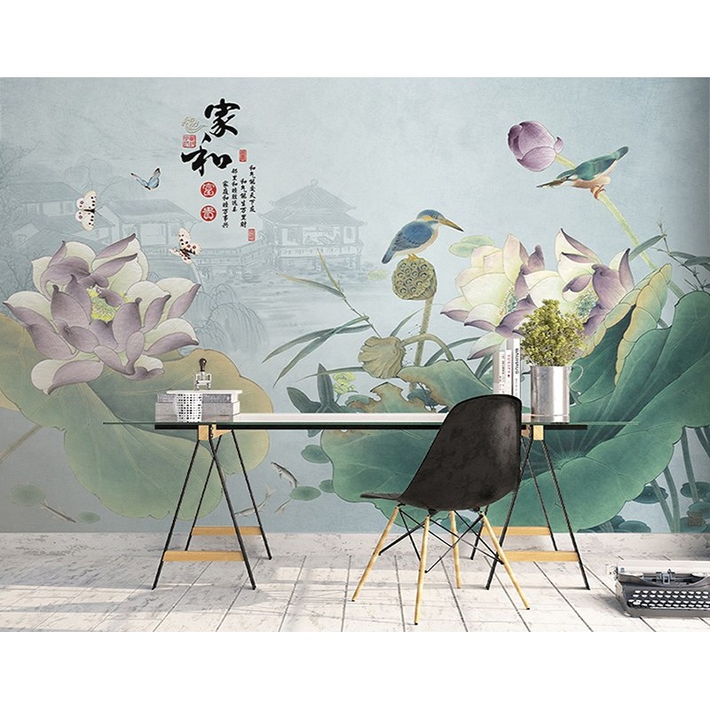 Tapisserie murale asiatique zen - Paysage avec lotus violets, papillons et oiseaux