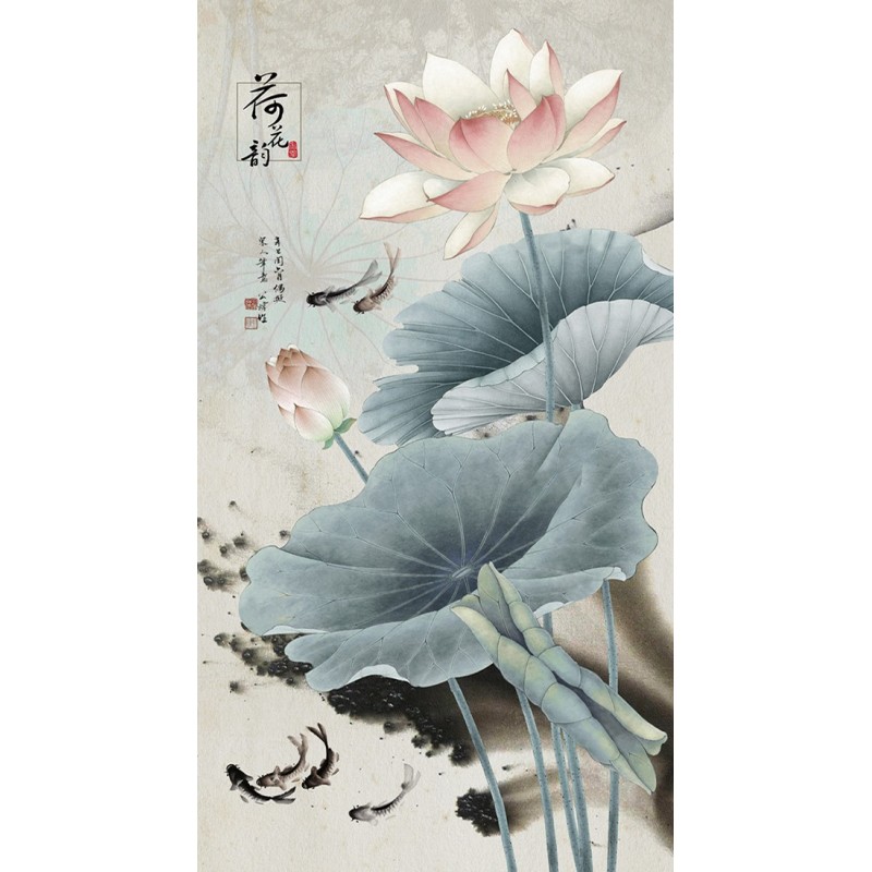 Peinture à l'encre de Chine fleur zen format vertical - Lotus roses et poissons noirs