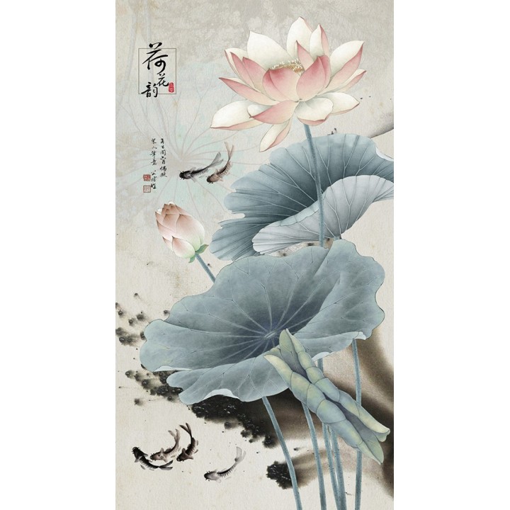 Peinture à l'encre de Chine fleur zen format vertical - Lotus roses et poissons noirs