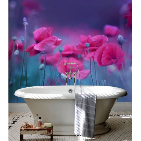 Dalle murale salle de bain en PVC souple imprimé photo réaliste - Coquelicots rouges sur fond bleu violet
