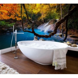 Dalle murale salle de bain en PVC souple imprimé photo réaliste - Chute d'eau dans la forêt d'automne