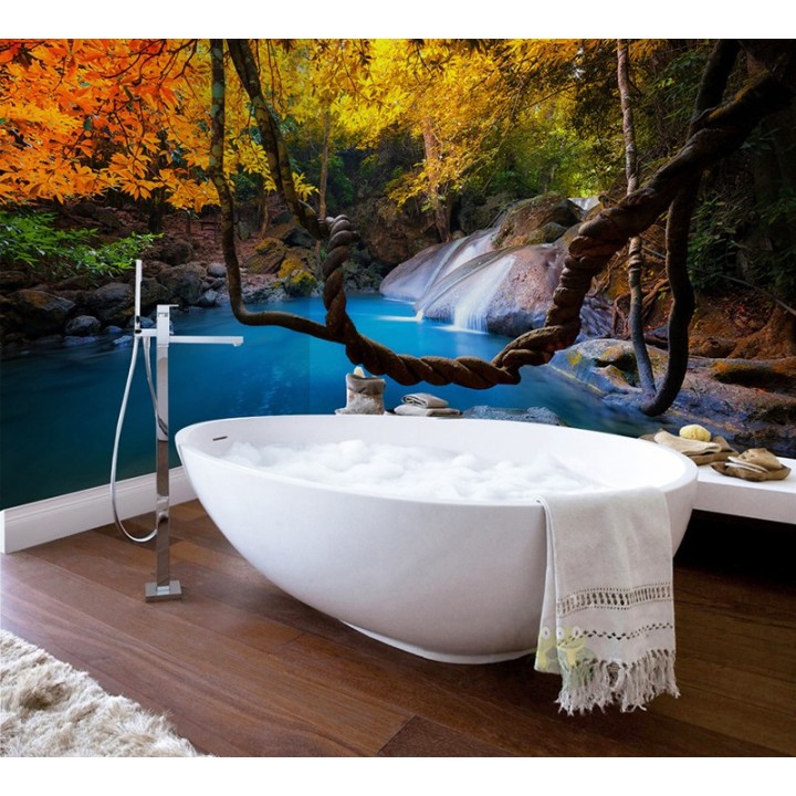 Dalle murale salle de bain en PVC souple imprimé photo réaliste - Chute d'eau dans la forêt d'automne