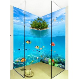 Lambris PVC 3D imprimé photo réaliste cabine de douche - Ile verte au milieu d'océan et poissons tropicaux