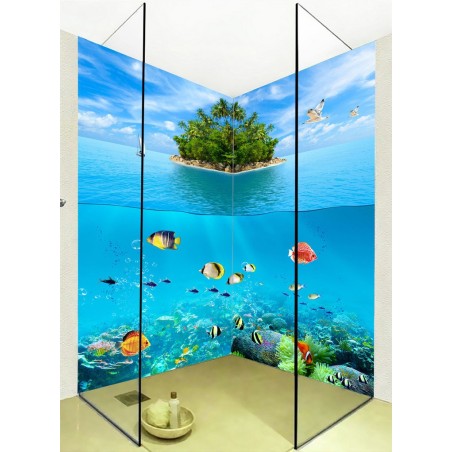 Lambris PVC 3D imprimé photo réaliste cabine de douche - Ile verte au milieu d'océan et poissons tropicaux