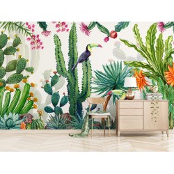 Papier peint intissé tropical plantes et oiseaux exotiques - Cactus en floraison et les toucans