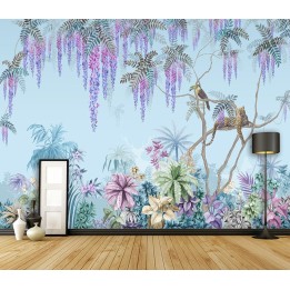Tapisserie florale végétation de la jungle, fond bleu pastel - Toucan et panthère sur l'arbre de glycine tropicale