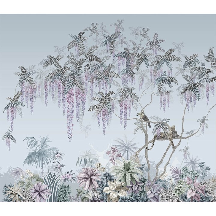 Tapisserie florale végétation de la jungle, fond bleu pastel - Toucan et panthère sur l'arbre de glycine tropicale