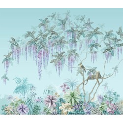 Tapisserie florale végétation de la jungle, fond bleu pastel - Toucan et panthère sur l'arbre de glycine tropicale
