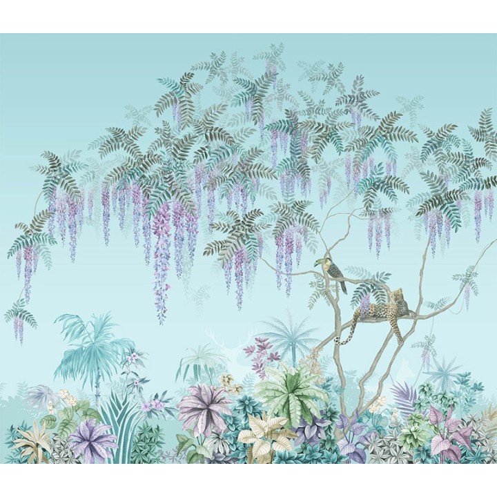 Tapisserie florale végétation de la jungle, fond bleu pastel - Toucan et panthère sur l'arbre de glycine tropicale
