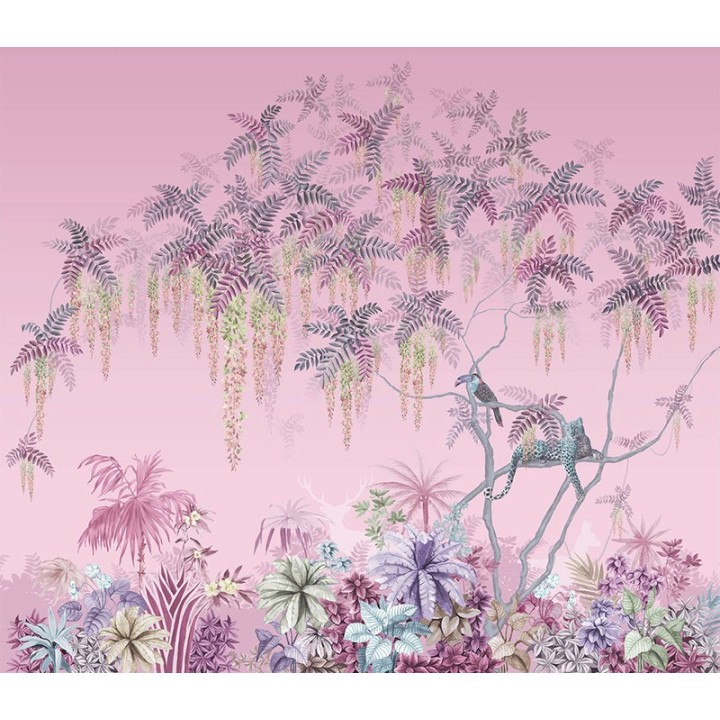 Tapisserie florale végétation de la jungle, fond bleu pastel - Toucan et panthère sur l'arbre de glycine tropicale