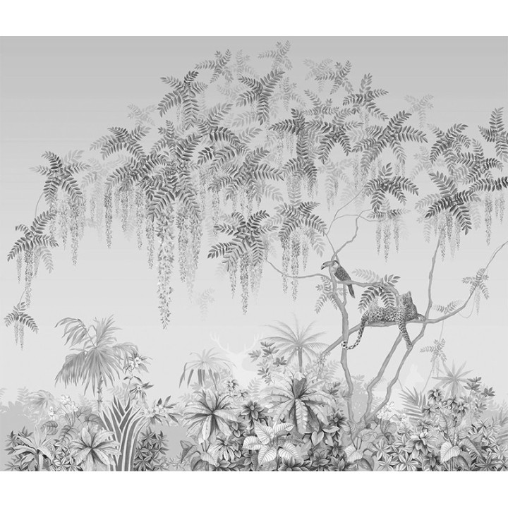 Tapisserie florale végétation de la jungle, fond bleu pastel - Toucan et panthère sur l'arbre de glycine tropicale