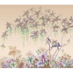 Tapisserie florale végétation de la jungle, fond bleu pastel - Toucan et panthère sur l'arbre de glycine tropicale
