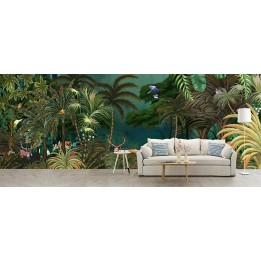 Paysage féerique XXXL grand format panoramique, au pays des merveilles - Daims, cerfs et oiseaux dans la forêt