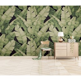 Papier peint vintage mur végétal - Feuilles de bananier sur fond noir