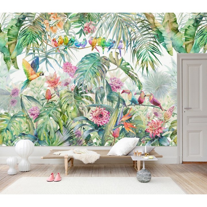 Tapisserie tropicale plantes, fleurs et oiseaux - palmier, bananier, philodendron, fleur de cactus orchidée, perroquet et toucan