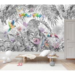 Tapisserie tropicale plantes, fleurs et oiseaux - palmier, bananier, philodendron, fleur de cactus orchidée, perroquet et toucan