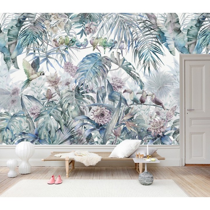 Tapisserie tropicale plantes, fleurs et oiseaux - palmier, bananier, philodendron, fleur de cactus orchidée, perroquet et toucan
