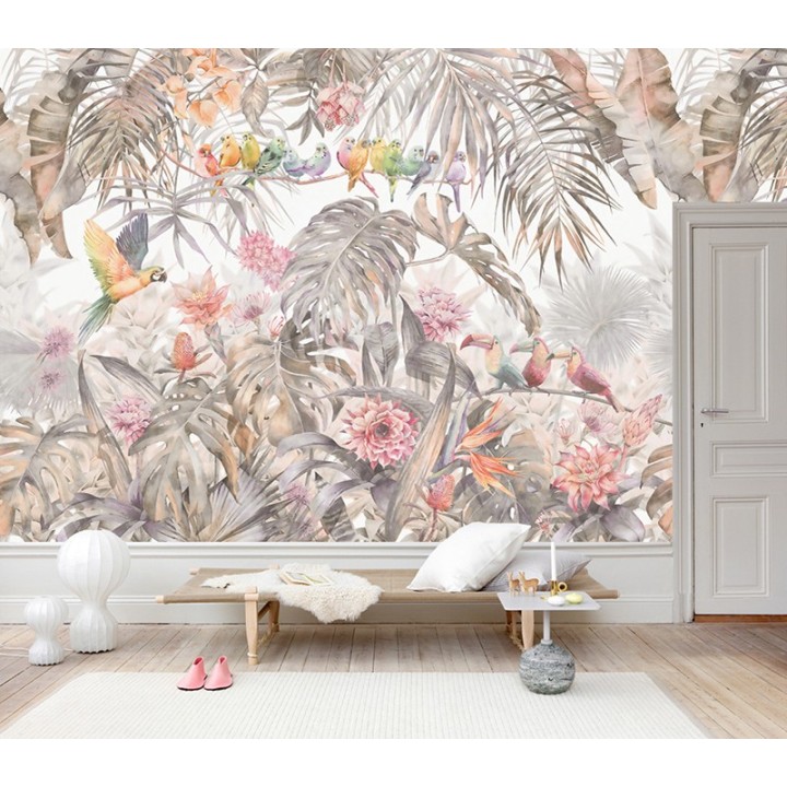 Tapisserie tropicale plantes, fleurs et oiseaux - palmier, bananier, philodendron, fleur de cactus orchidée, perroquet et toucan