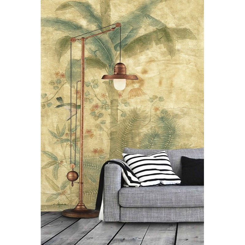 Papier peint tropical rétro vintage effet sépia - Bananier, fougère et oiseau, format vertical