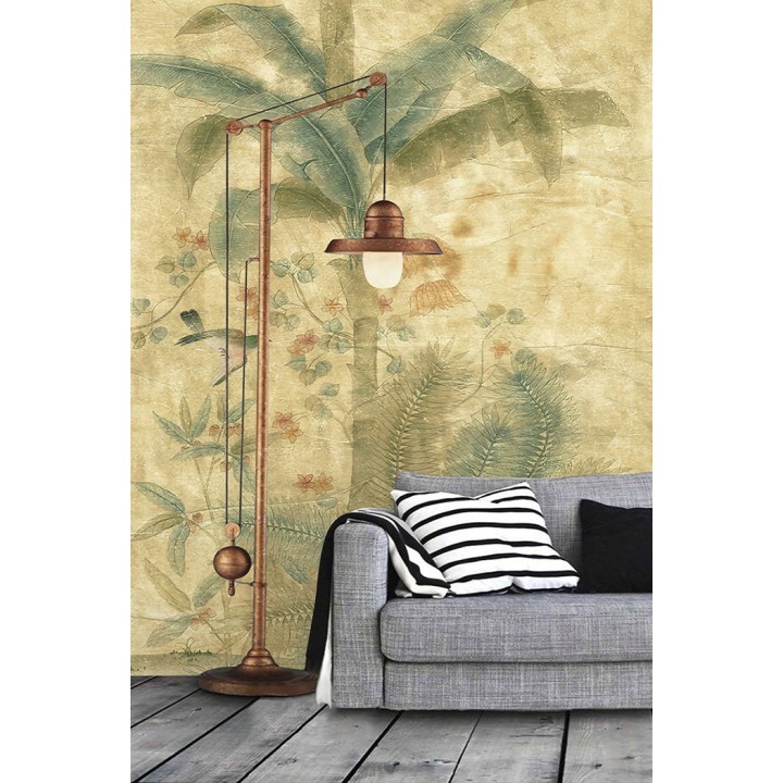 Papier peint tropical rétro vintage effet sépia - Bananier, fougère et oiseau, format vertical
