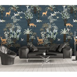 Papier peint traditionnel animaux et oiseaux - Cerfs et oies dans la forêt, sur fond bleu