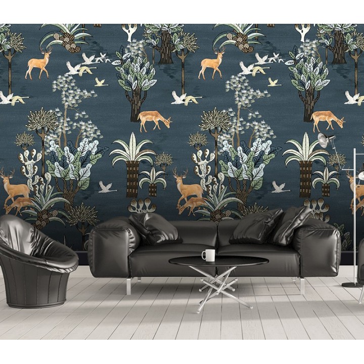 Papier peint traditionnel animaux et oiseaux - Cerfs et oies dans la forêt, sur fond bleu