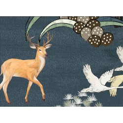 Papier peint traditionnel animaux et oiseaux - Cerfs et oies dans la forêt, sur fond bleu