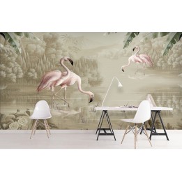 Panneau mural panoramique oiseau tropical - Flamants roses dans la réserve naturelle, effet sépia