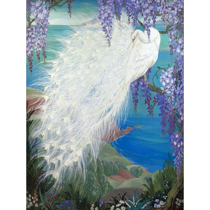 Papier peint d'artiste ton bleu fleur et oiseau - Paon blanc sur arbre de glycine au bord de l'eau