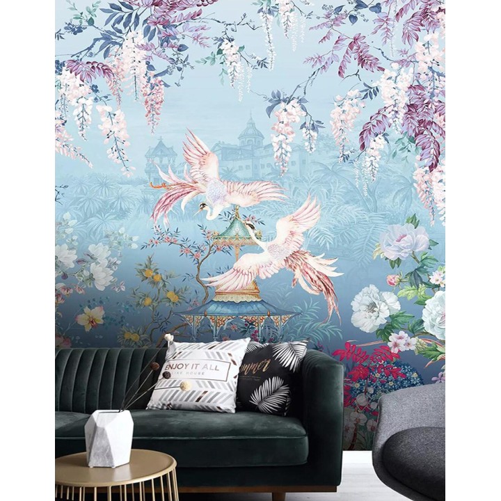 Jardin floral et oiseau mythique - Phénix s'envolent, palais entouré de glycine, pivoine, orchidée et palmier