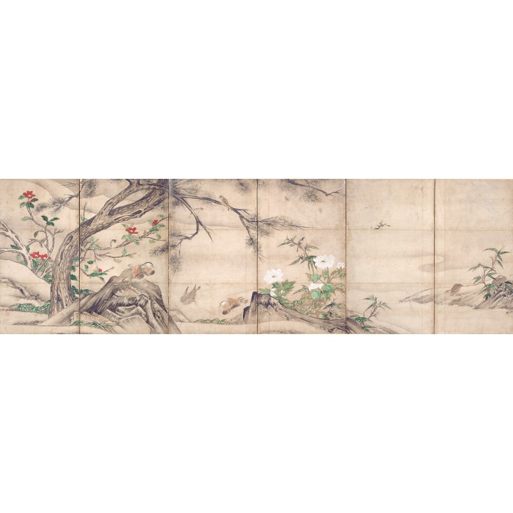 Estampe japonaise 6 volets sur fond beige - Les canards mandarins et les fleurs