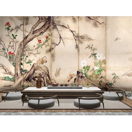 Estampe japonaise 6 volets sur fond beige - Les canards mandarins et les fleurs