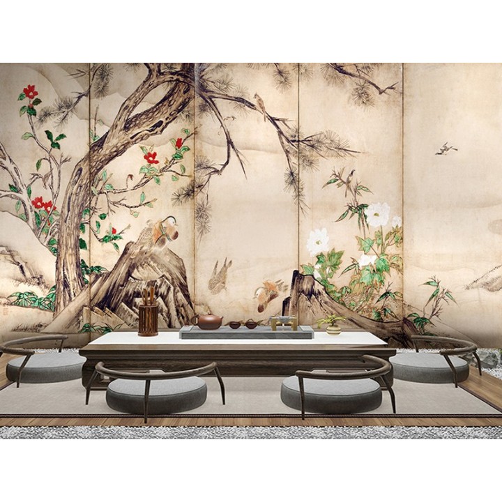 Estampe japonaise 6 volets sur fond beige - Les canards mandarins et les fleurs