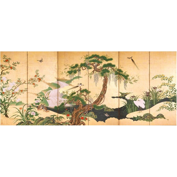 Estampe japonaise 6 volets sur fond sépia - Les fleurs et les oiseaux célèbrent le printemps