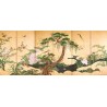 Estampe japonaise 6 volets sur fond sépia - Les fleurs et les oiseaux célèbrent le printemps
