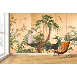 Estampe japonaise 6 volets sur fond sépia - Les fleurs et les oiseaux célèbrent le printemps