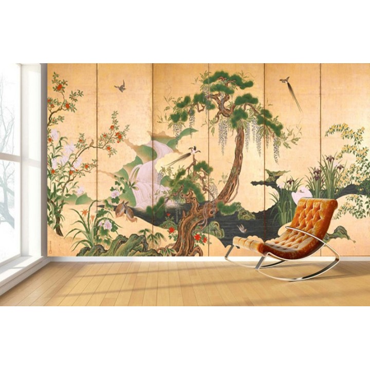 Estampe japonaise 6 volets sur fond sépia - Les fleurs et les oiseaux célèbrent le printemps